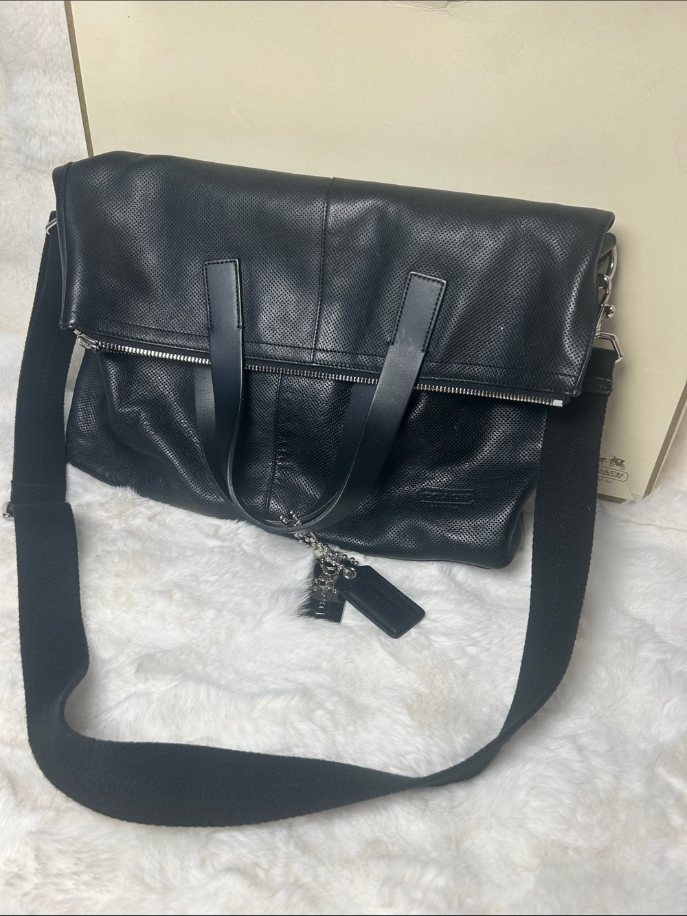 Coach Thompson 70718 Black Perforated Leather Foldover Tote + Original Box